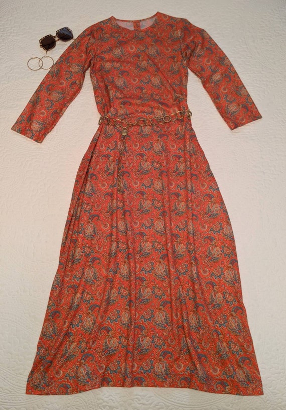 1970s Floor Length Long Sleeve Printed Maxi Dress