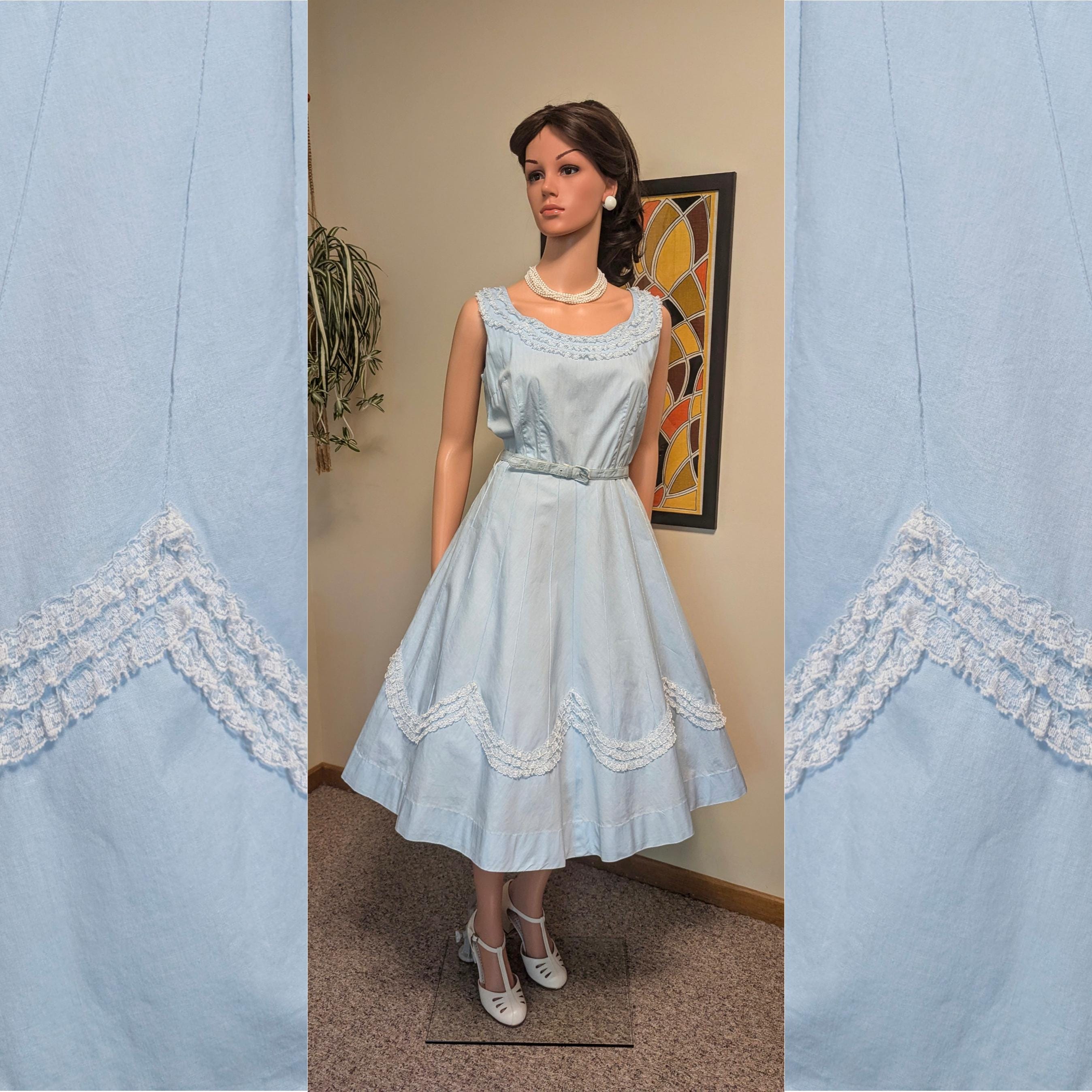 Vintage 1950s Baby Blue Lace Ruffle Scalloped Cotton Dress with Full Circle Skirt / 50s Spring Summer Fit and Flare Sundress