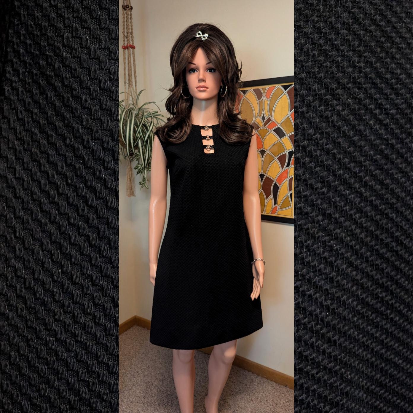 Vintage 1960s Black Mini Dress With Rhinestone Ring Cut Out