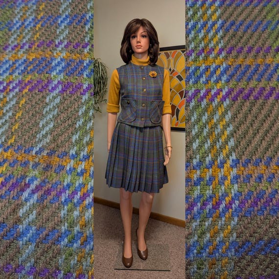Vintage Early 1960s Multicolor Plaid Button Vest & Pleated Skirt Suit / 60s Fall Autumn Academia Matching Set