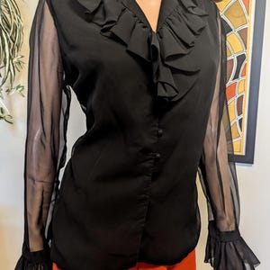 May include: Black blouse with a ruffled collar and sheer sleeves. The blouse has a V-neck and button-down front. The sleeves have ruffled cuffs. The blouse is paired with orange pants.