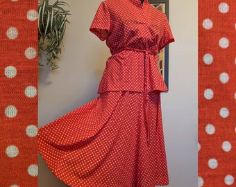 Vintage 1970s Red & White Polka Dot Knit Top and Skirt Matching Set with Belt by Country Miss
