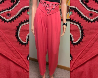 Vintage 1980s Bright Pink Rayon Rhinestone Embellished High Rise Pants / Graced by Starr