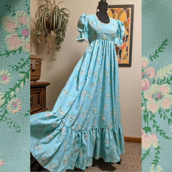 Vintage 1970s Aqua Blue Flocked Floral Puff Sleeve Maxi Dress with Lace Details