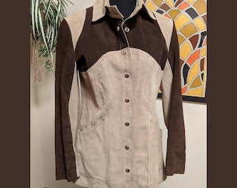 Vintage 1970s Brown & Beige Suede Snap Front Jacket with Pockets and Collar