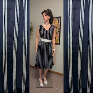 Vintage 1950s Navy & White Striped V-Neck Sheer Cotton Dress / 40s 50s Summer Nautical Beach