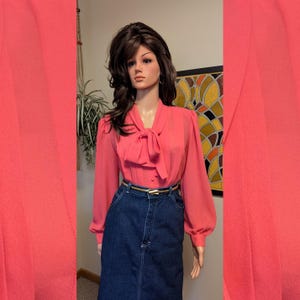 Vintage 1980s Bright Bubblegum Pink Bow Neck Polyester Secretary Blouse / 80s Top Shoulder Pads