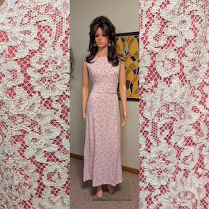Vintage 1960s Pink & White Lace Maxi Dress with Sash Belt / 60s 70s Sleeveless Formal Gown Prom Wedding Party