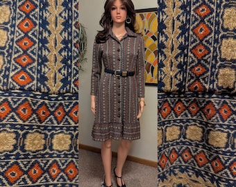 Vintage 1970s Geometric Stripe Wool Blend Knit Collared A-line Dress / 60s 70s Fall Autumn Winter