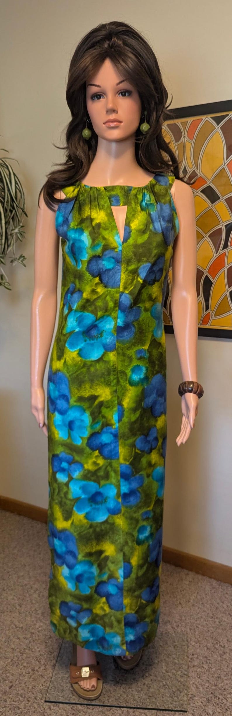 Vintage 1960s Green & Blue Floral Hawaiian Cotton Maxi Dress / 60s 70s ...