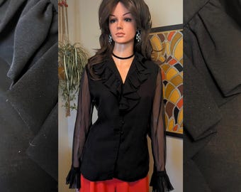 Vintage 1970s Black Sheer Trumpet Sleeve Ruffle Blouse / 60s 70s Elegant Party Holiday Top