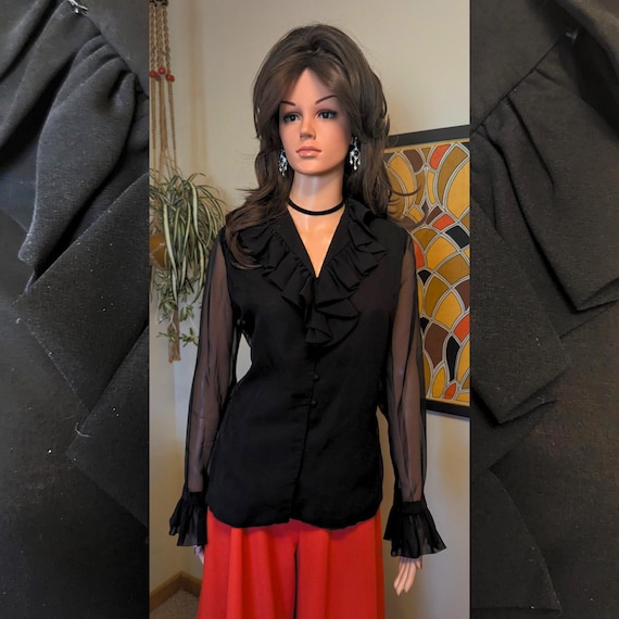 Vintage 1970s Black Sheer Trumpet Sleeve Ruffle Blouse / 60s 70s Elegant Party Holiday Top