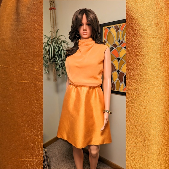 Vintage 1960s Tangerine Orange Shantung Silk & Chiffon Cowl Neck Sleeveless Blouson Mini 60s Formal Cocktail Dress Vintage 1960s Tangerine Orange Shantung Silk & Chiffon Cowl Neck Sleeveless Blouson Mini 60s Formal Cocktail Dress