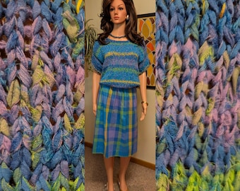 Vintage 1980s Blue, Purple, Green & Yellow Cotton Plaid Skirt and Hand Knit Pullover Sweater Matching Set