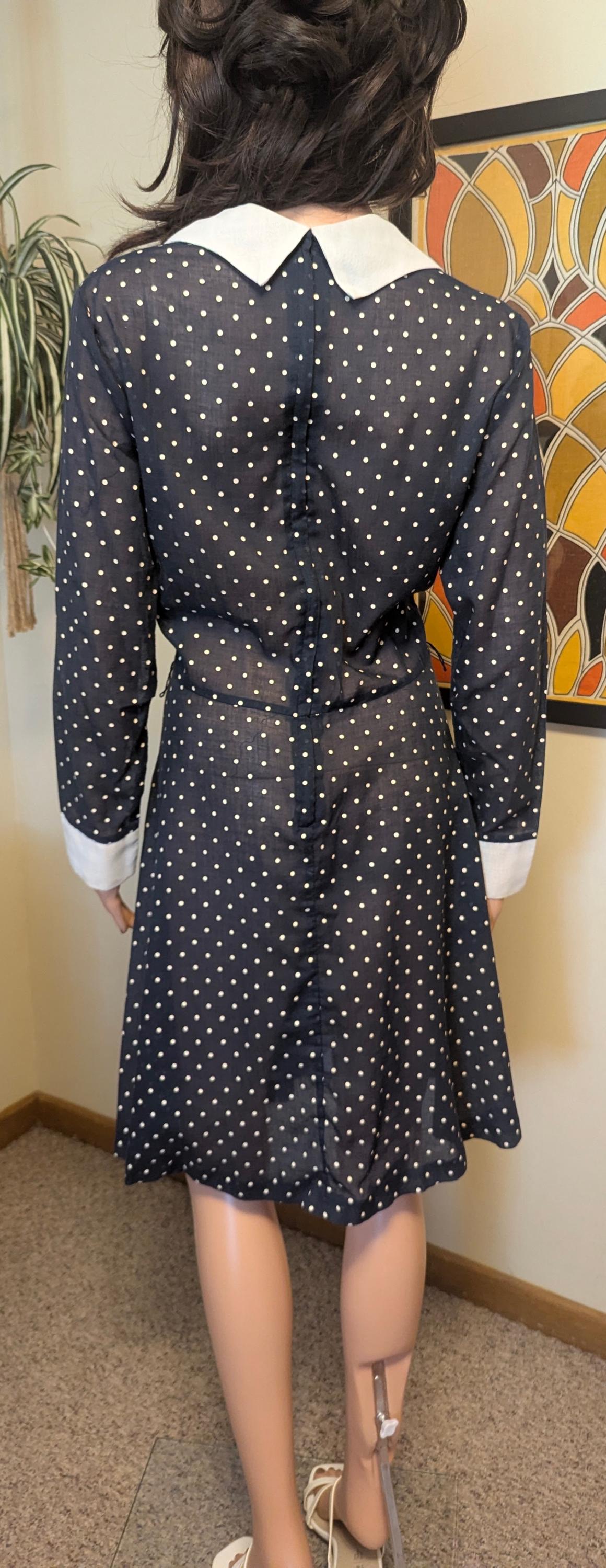 Vintage 1970s Sheer Navy Blue & White Polka Dot A-line Dress With White ...