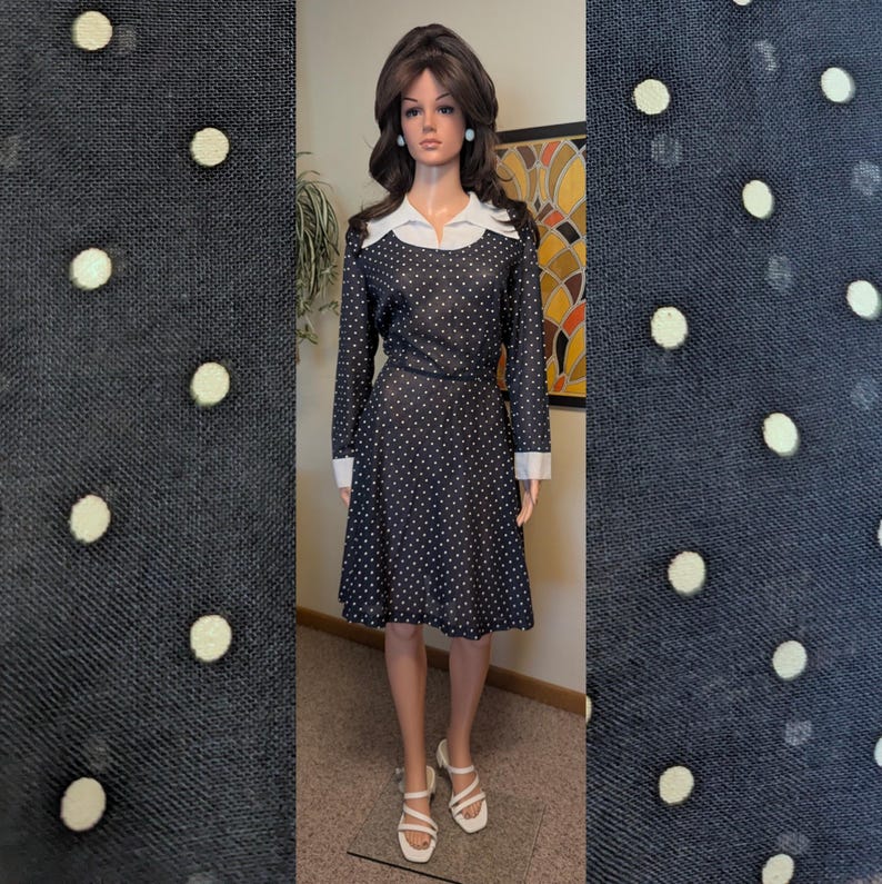 Vintage 1970s Sheer Navy Blue & White Polka Dot A-line Dress With White ...
