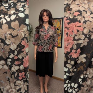 Vintage 1970s Black & Pink Floral Peplum Balloon Sleeve Polyester Dress / 70s 80s Secretary Knee Length
