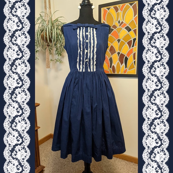 Vintage 1950s Navy & White Cotton Sleeveless Full… - image 1