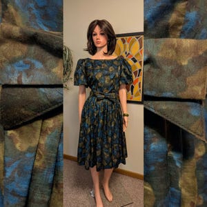 Vintage 1950s-1960s Blue, Green & Brown Watercolor Floral Puff Sleeve Full Skirt Dress with Bow Belt / 50s 60s Fall Autumn Knee Length