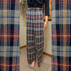 Handmade 1970s Inspired Navy Plaid Knit High Waisted Wide Leg Cuffed Bell Bottom Polyester Pants / 60s 70s Vintage Fabric High Rise Trousers