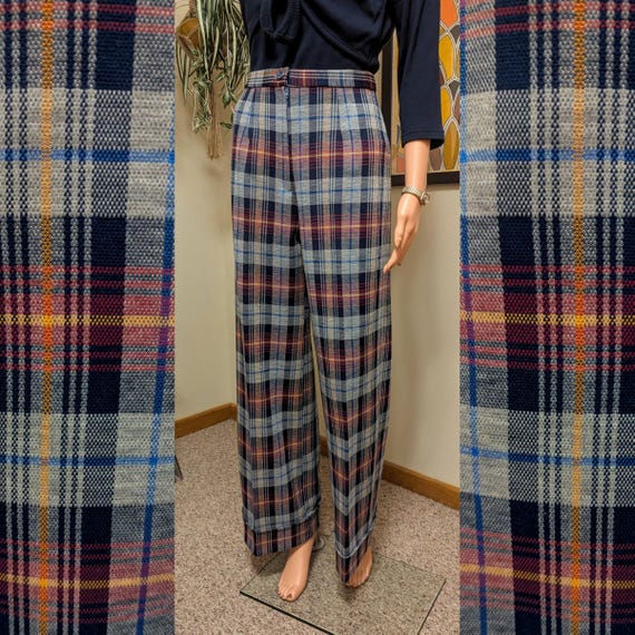 Handmade 1970s Inspired Navy Plaid Knit High Waisted Wide Leg Cuffed Bell Bottom Polyester Pants / 60s 70s Vintage Fabric High Rise Trousers