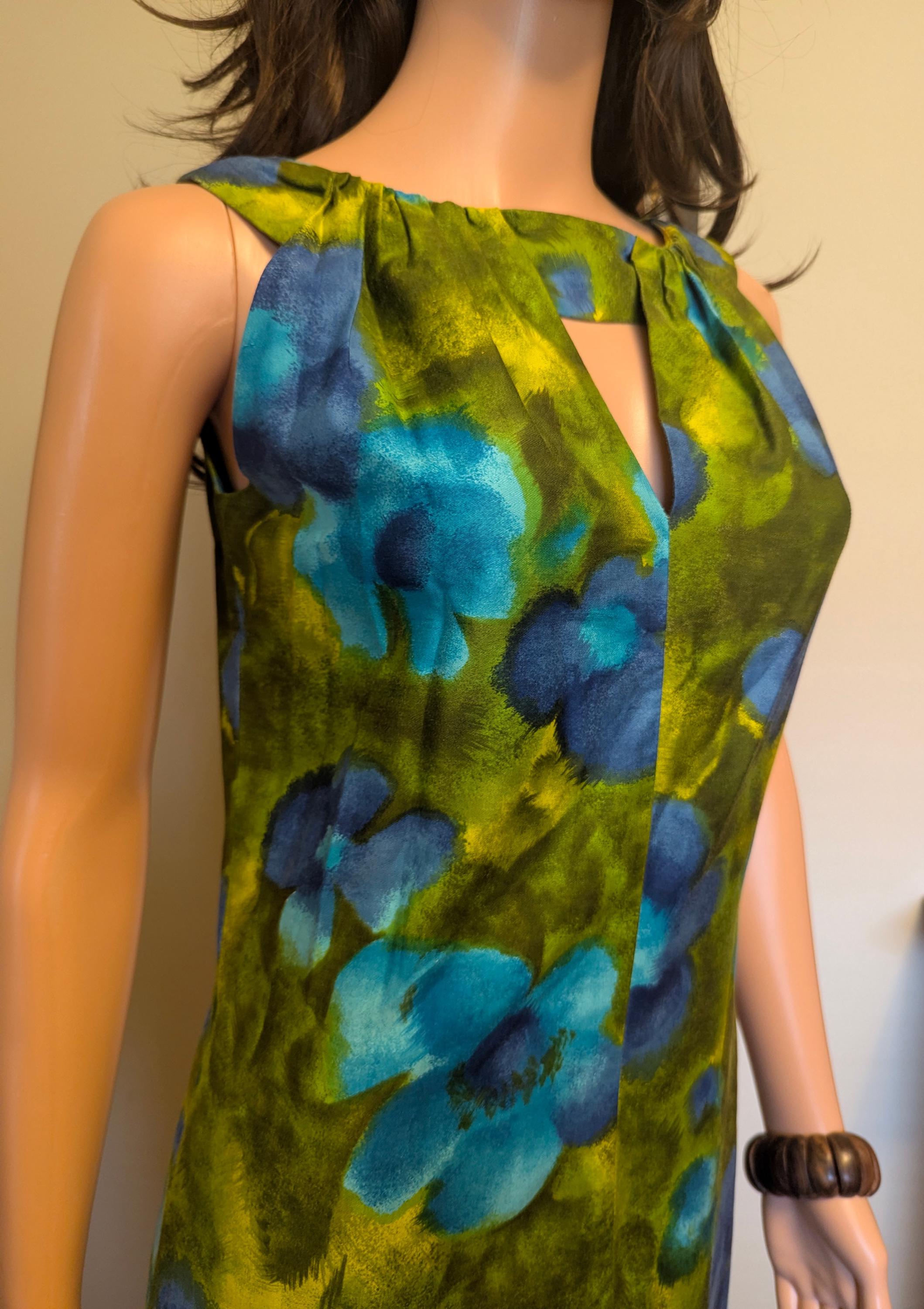 Vintage 1960s Green & Blue Floral Hawaiian Cotton Maxi Dress / 60s 70s ...