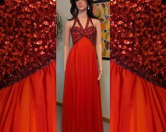 Vintage 1970s Red Sequin Illusion Halter Evening Gown / 60s 70s Formal Prom Event