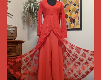 Vintage 1970s Red Lace Wide Leg Scoop Neck Nylon Jumpsuit by "Butterfield 8"