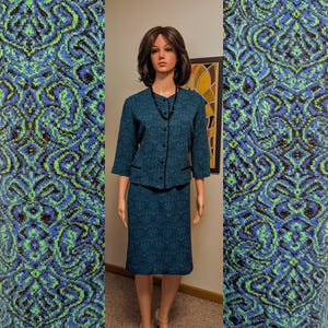 Vintage 1960s Blue, Green & Black Damask Print Knit Skirt Suit with Jacket / 60s Mod Matching Set Jackie O