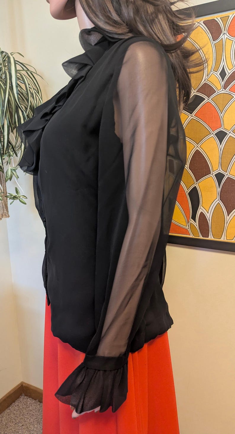 May include: Black sheer blouse with ruffled collar and cuffs. The long sleeves are made of a sheer material. The blouse is paired with a bright red skirt. The blouse has a button-down front.