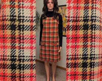 Vintage 1960s Red, Black, & Tan Plaid Pullover Jumper Shift Dress