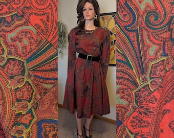 Vintage 1980s Red, Green & Blue Paisley Print Twill Fit and Flare Dress with Belt / 80s Fall Winter