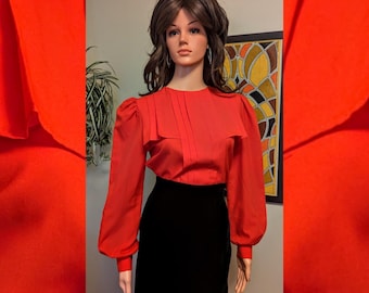 Vintage 1980s Red Pleated Bishop Sleeve Polyester Secretary Blouse / 80s Top Officewear Holiday Christmas Puff Sleeve