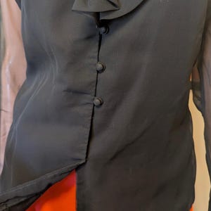 May include: Black blouse with a ruffled neckline and button-down front. The blouse has a semi-sheer sleeve and is paired with bright orange pants. The top is made of a smooth, flowing fabric.
