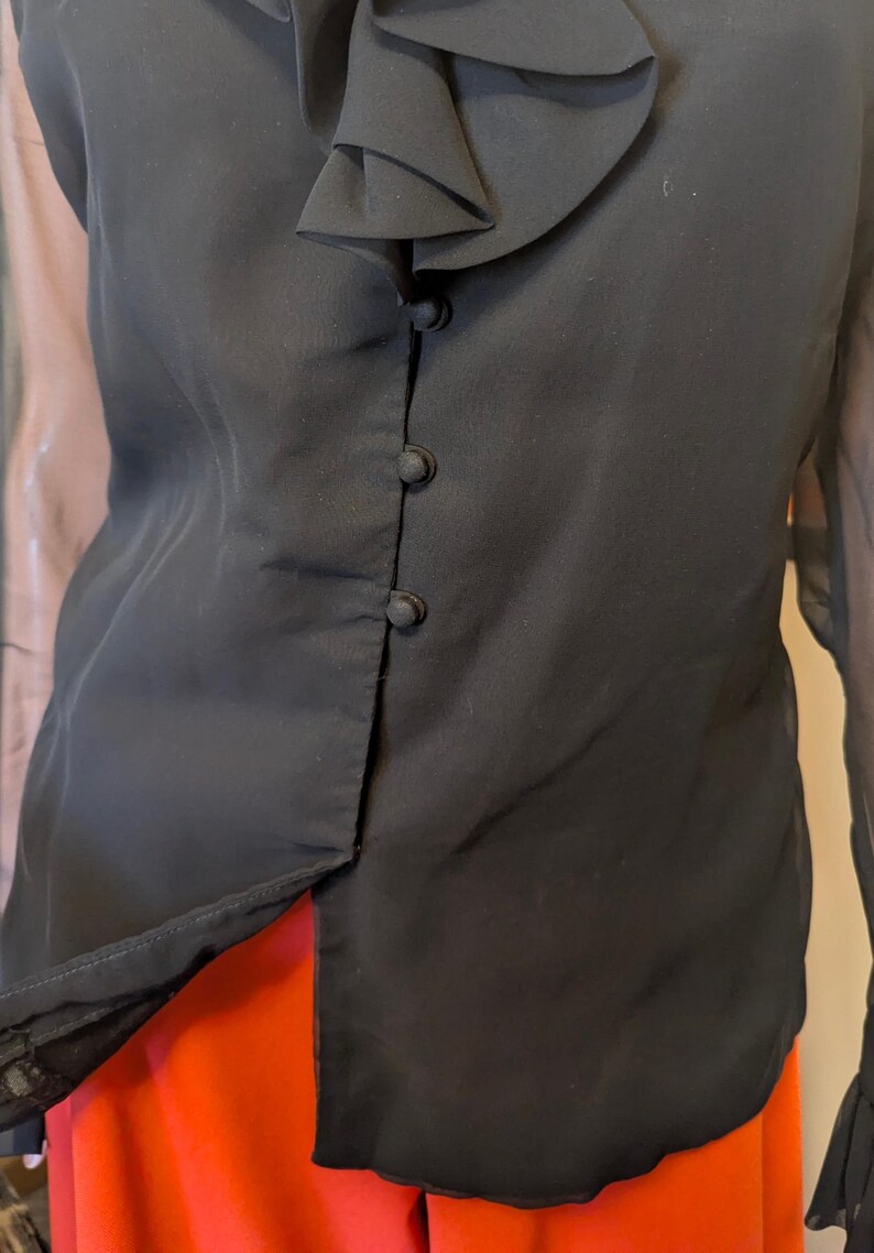 May include: Black blouse with a ruffled neckline and button-down front. The blouse has a semi-sheer sleeve and is paired with bright orange pants. The top is made of a smooth, flowing fabric.
