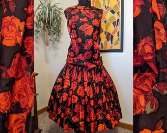 Vintage 1950s Black & Red Rose Print Taffeta Drop Waist Full Skirt Cocktail Dress with Bow Detail by Sears "Kerrybrooke"