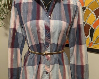 Vintage Late 1970s Multicolor Plaid with Gold Thread Blouse by Licorice X