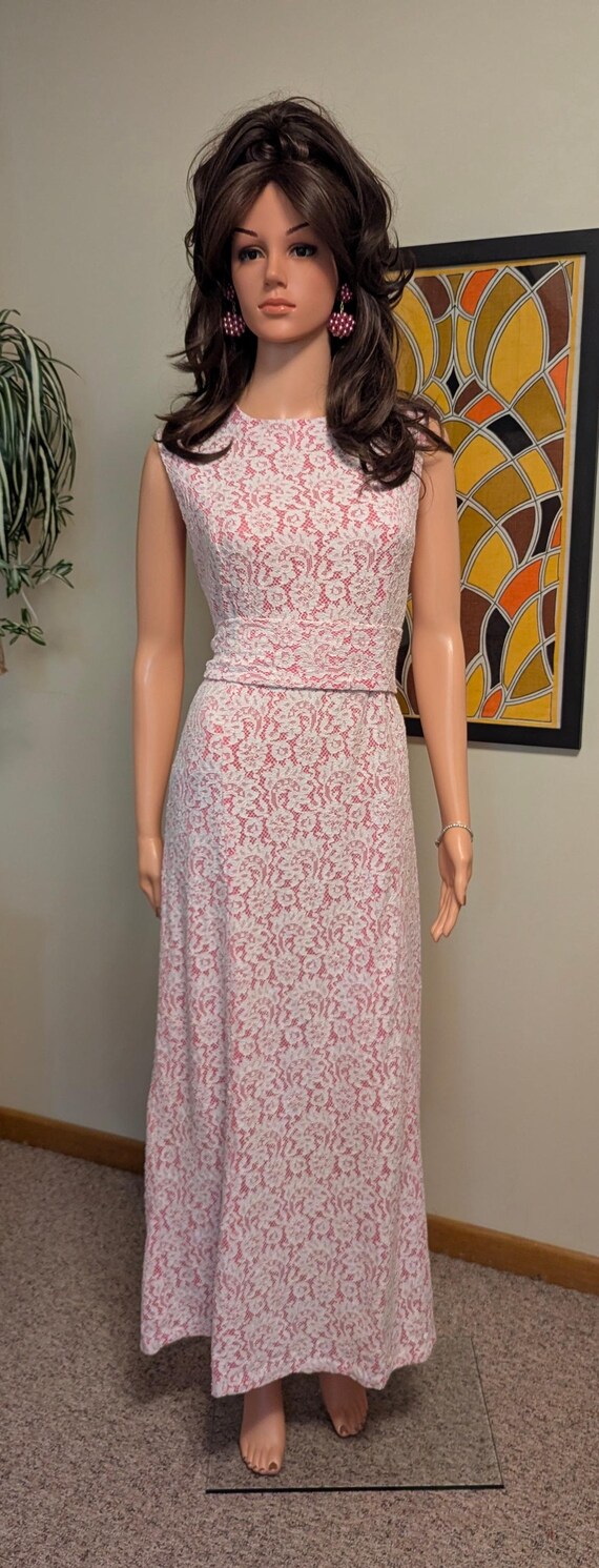 Vintage 1960s Pink & White Lace Maxi Dress With Sash Belt / 60s 70s  Sleeveless Formal Gown Prom Wedding Party - Etsy