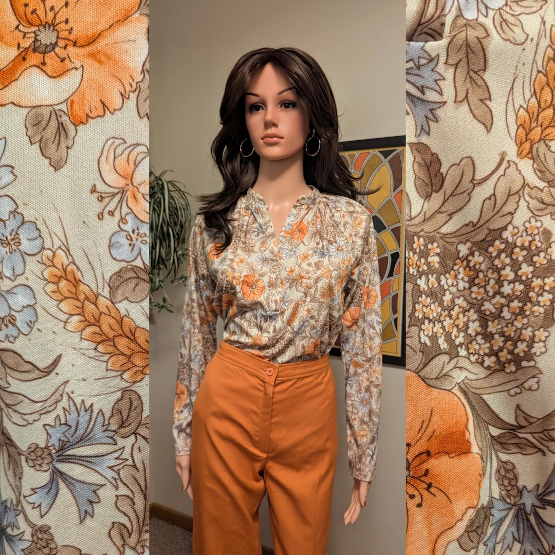 Vintage 1970s Orange Poppies & Wheat Floral Print Polyester Long Sleeve Blouse / 70s Knit Fall Henley Top Shirt