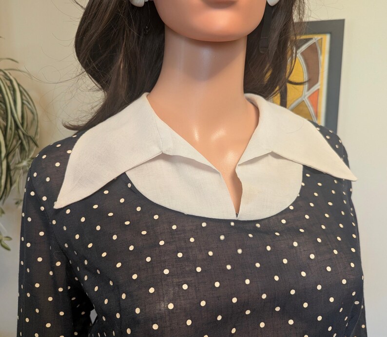 Vintage 1970s Sheer Navy Blue & White Polka Dot A-line Dress With White ...