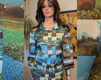 Vintage 1970s Realistic Photo Novelty Print Dagger Collar Polyester Blouse / 70s Retro Photography Disco Shirt