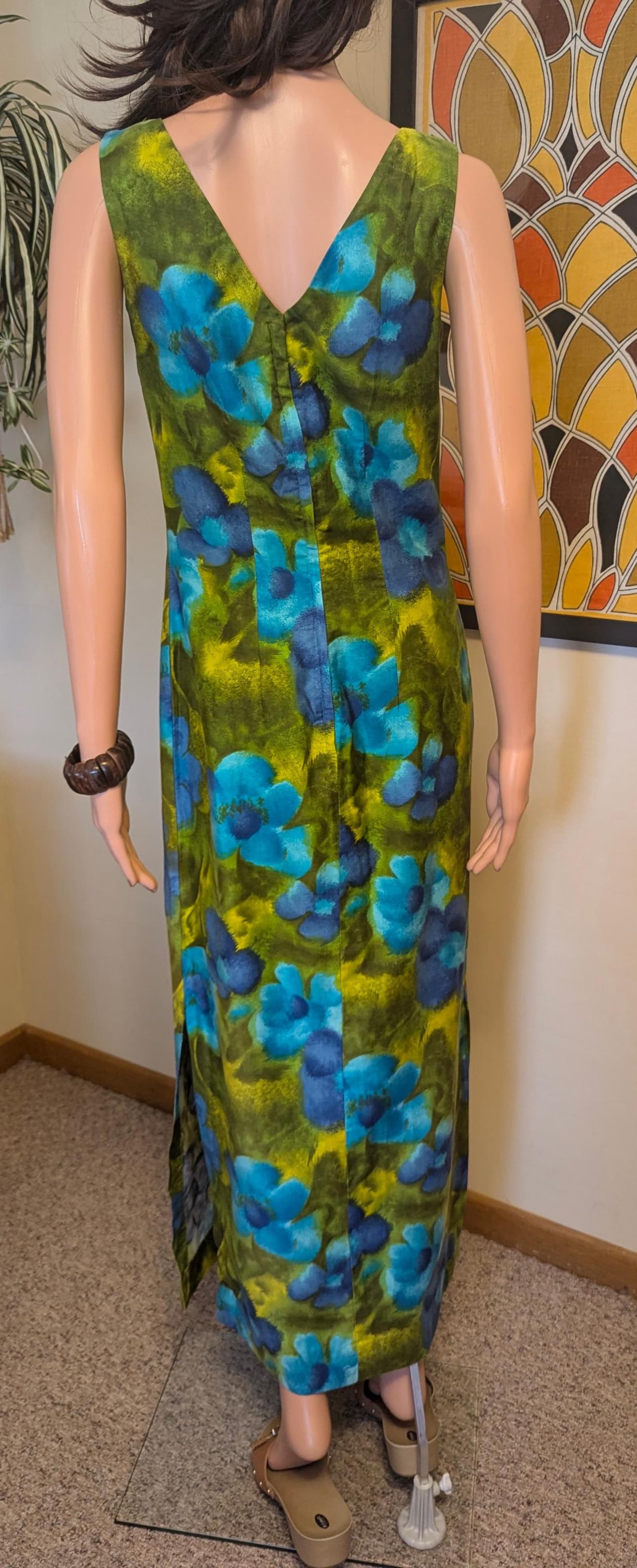 Vintage 1960s Green & Blue Floral Hawaiian Cotton Maxi Dress / 60s 70s ...