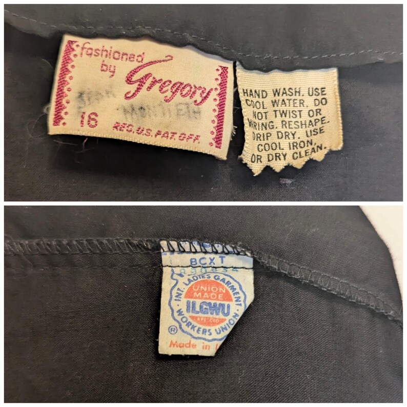 May include: Close-up of a black garment with multiple tags. One tag reads "fashioned by Gregory" and "16 REG.US.PAT.OFF." Another tag details washing instructions. A third tag reads "INT. LADIES GARMENT WORKERS UNION".