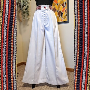 Vintage 1970s White & Multicolor Bell Bottoms with Striped Elastic Waistband and Button Detail