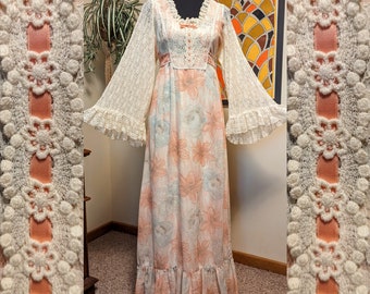 Vintage 1970s Floral & Lace Angel Sleeve Ruffle Square Neckline Tiered Prairie Cottagecore Maxi Dress with Peach Ribbon and Bow Detail