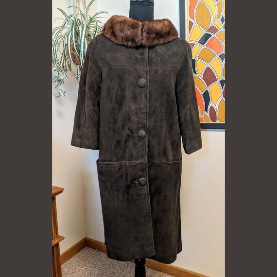 1960s Dark Mushroom Brown Suede Button Front Coat wit??? Gem