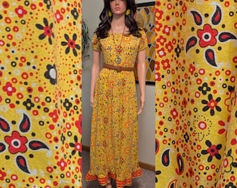 Vintage Yellow & Red Floral Puff Sleeve Cotton Maxi Dress with Rick Rack Ruffle Detail