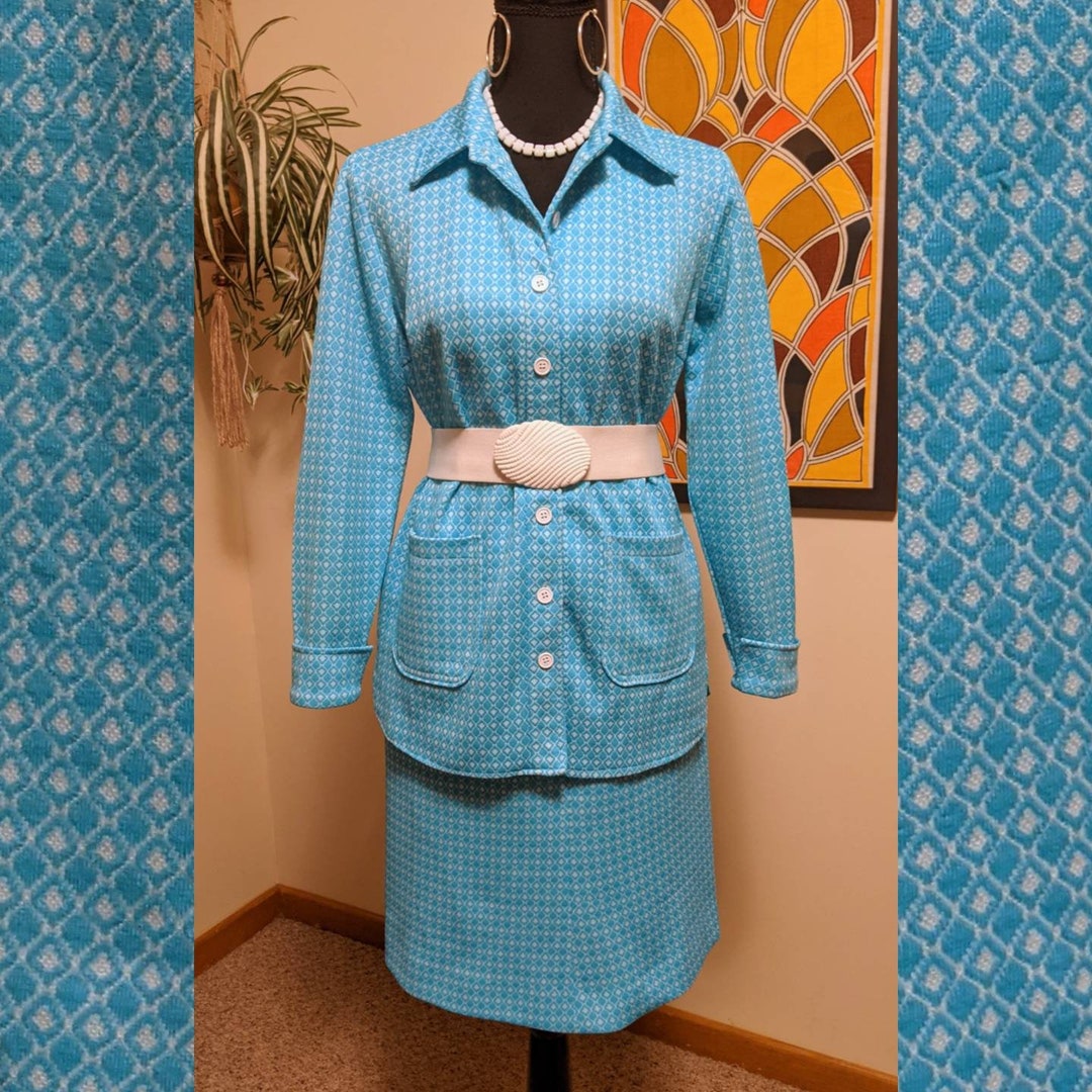 Vintage 60s/70s Turquoise Polyester Skirt Suit Set - 11/12