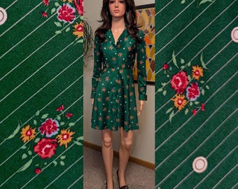 Vintage 1970s Dark Green Stripe & Floral Print Polyester Button Front A-line Mini Dress