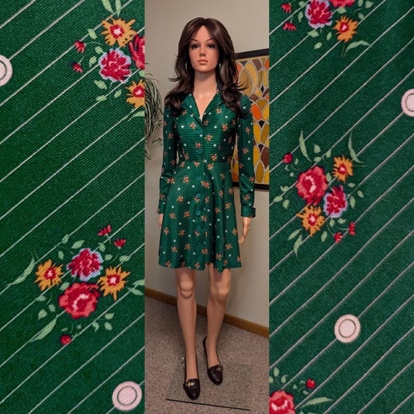 Vintage 1970s Dark Green Stripe & Floral Print Polyester Button Front A-line Mini Dress